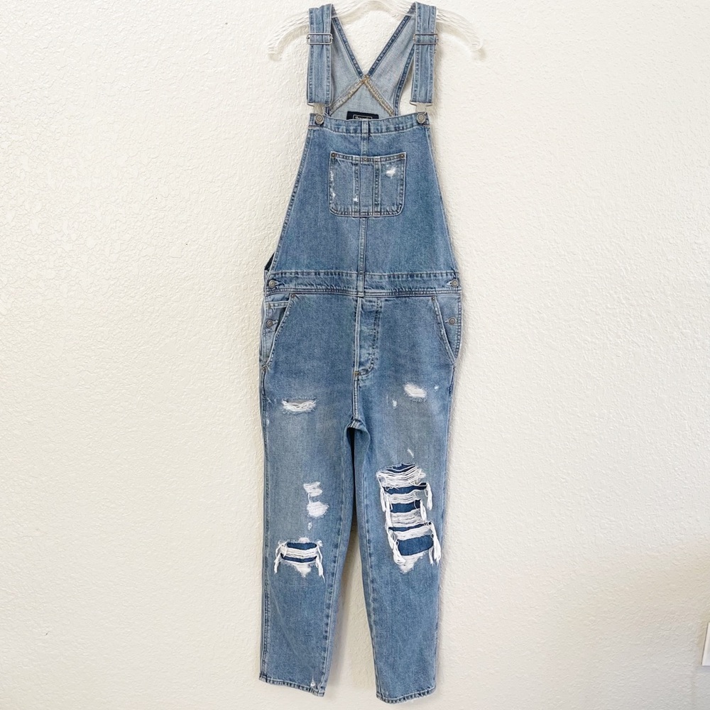 Abercrombie & Fitch Distressed Faded Cropped Relaxed Blue Denim Jean Overalls XS